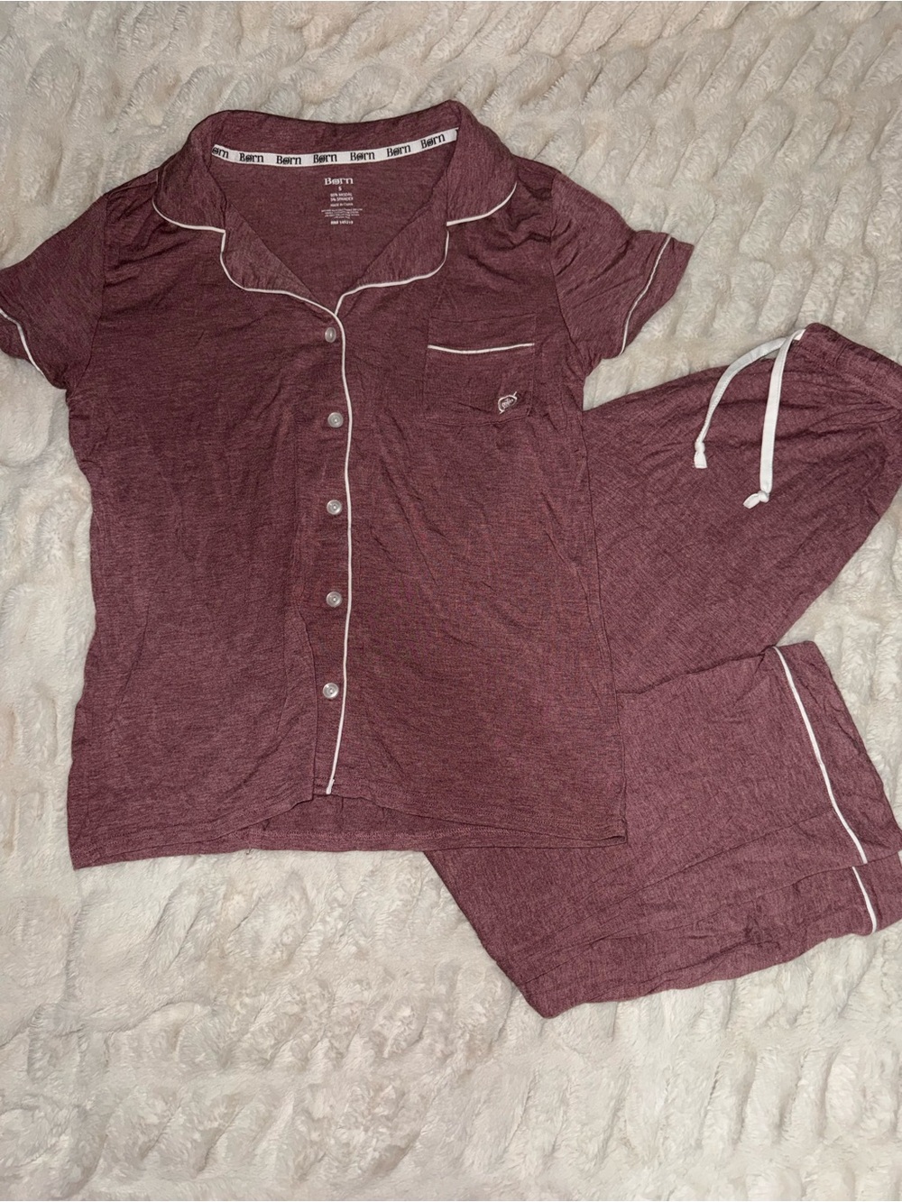 Born Short-Sleeve Pajama Set in Burgundy with White Piping